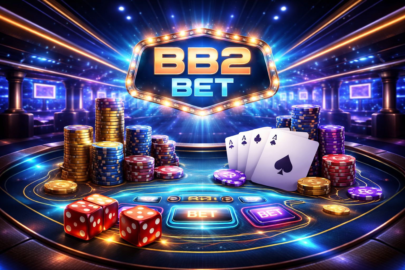 Escena dinámica inspirada en casino con iluminación BB2 BET, cartas, fichas e íconos de juegos digitales en un espacio moderno de juegos.