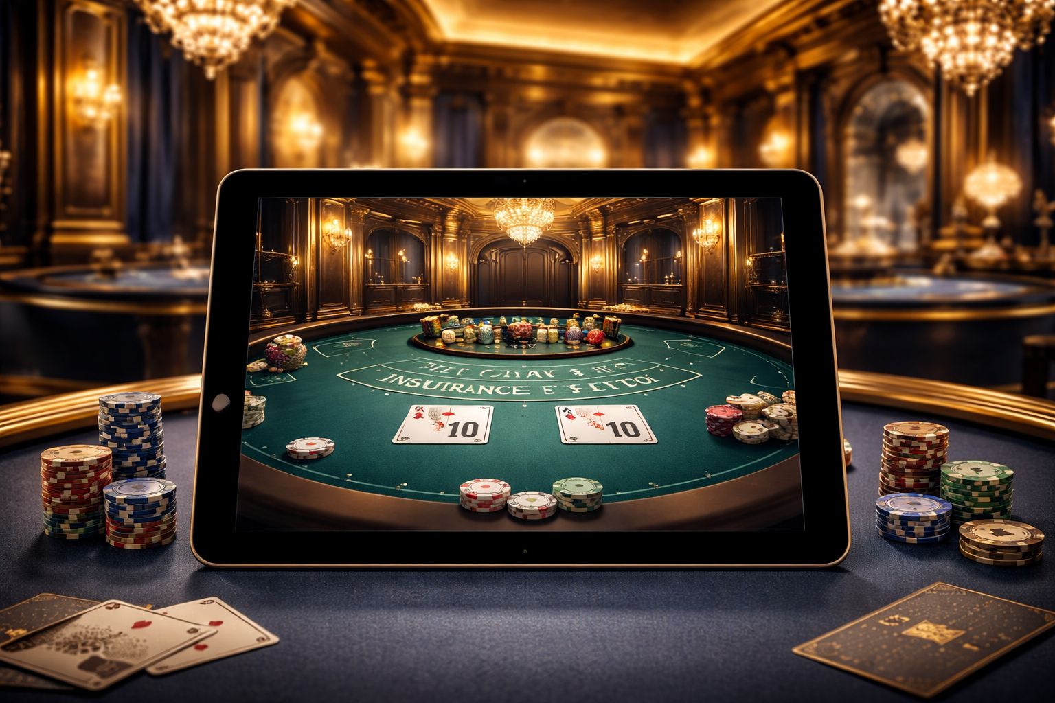 Configuración moderna de casino en vivo con una tableta mostrando una mesa de blackjack, luces cálidas de estudio y una atmósfera elegante de juegos digitales.