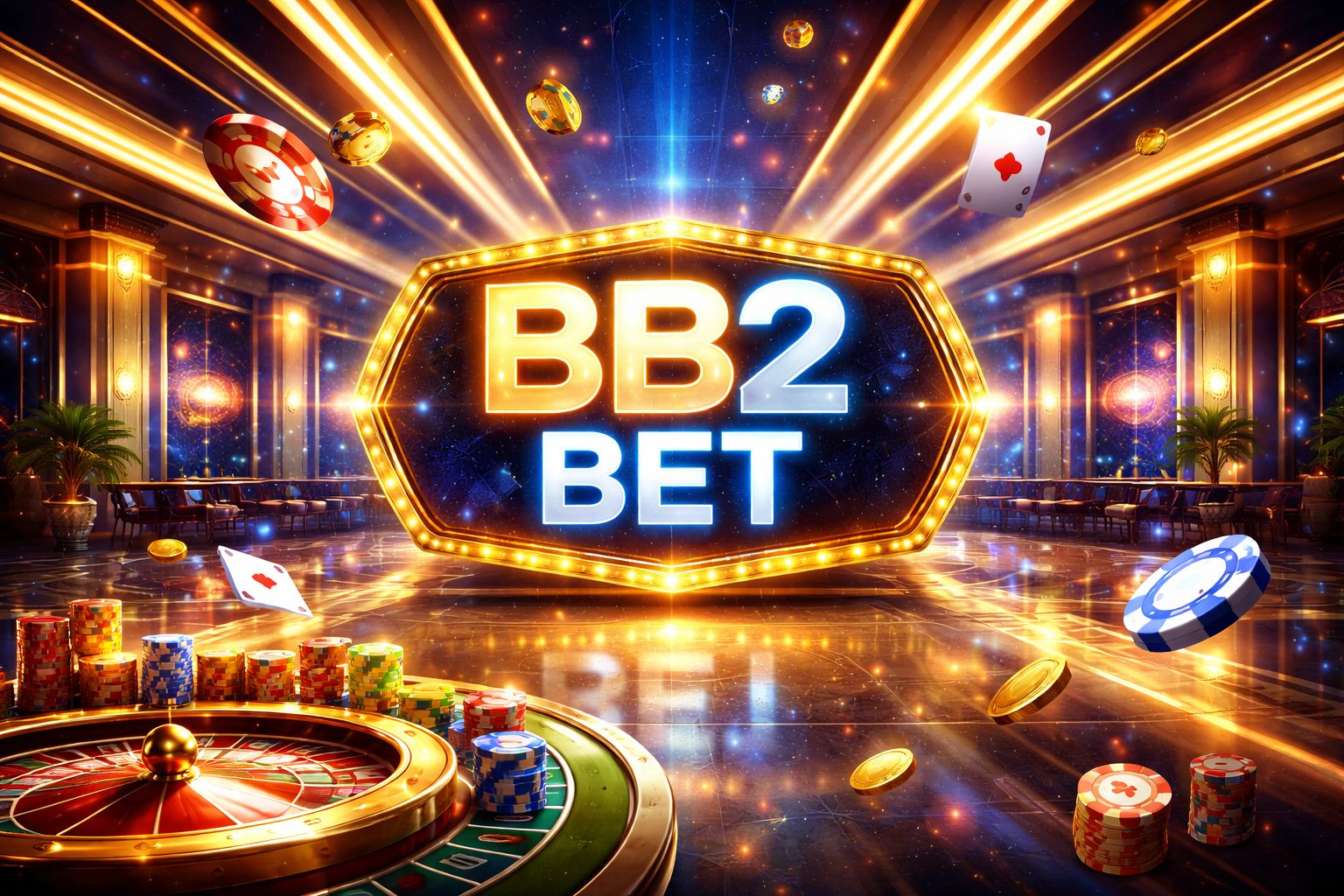 Una escena digital vívida inspirada en casino con BB2 BET mostrado prominentemente, luces brillantes, fichas, cartas y acentos dorados.