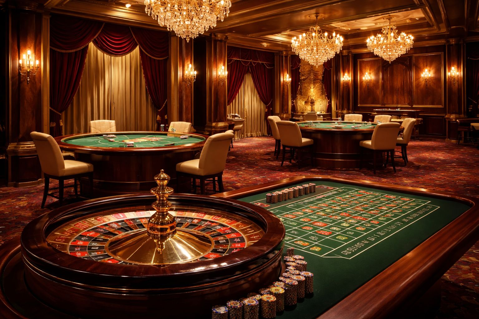 Una escena premium de mesa de casino en vivo con cartas, elementos de ruleta y un ambiente pulido de estudio de transmisión.