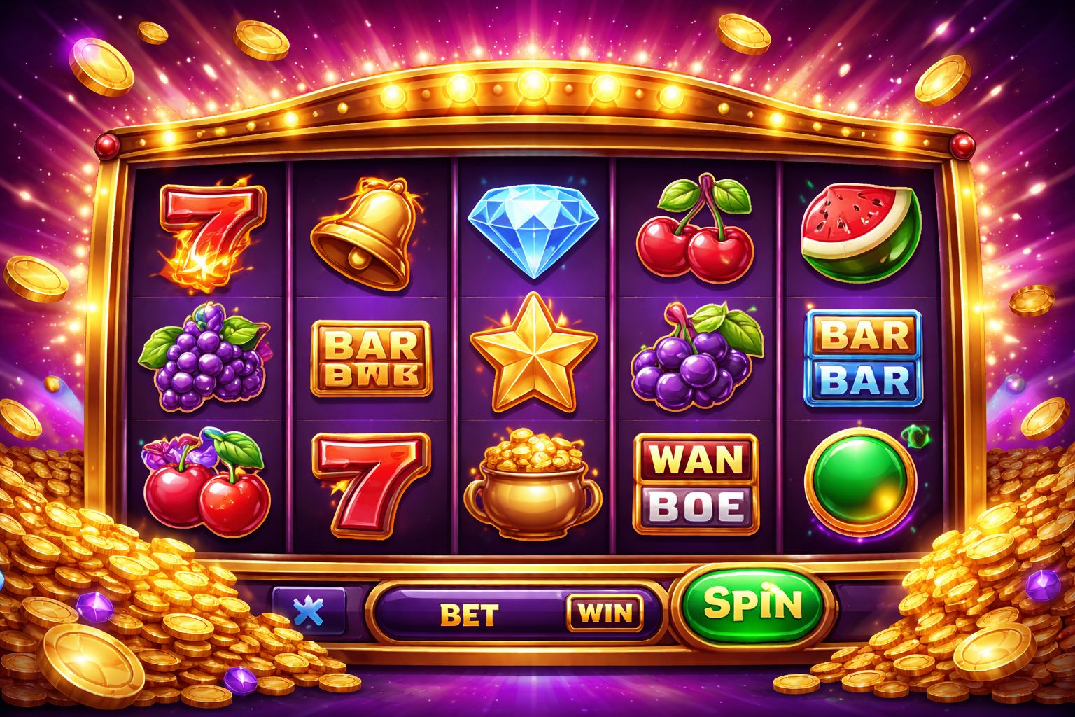 Una interfaz colorida de tragamonedas en línea con símbolos brillantes, monedas y un efecto de victoria celebratoria en BB2 BET.